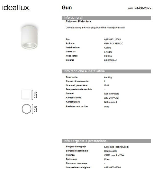 Ideal-Lux Plafoniera Exterior Gun PL1 7