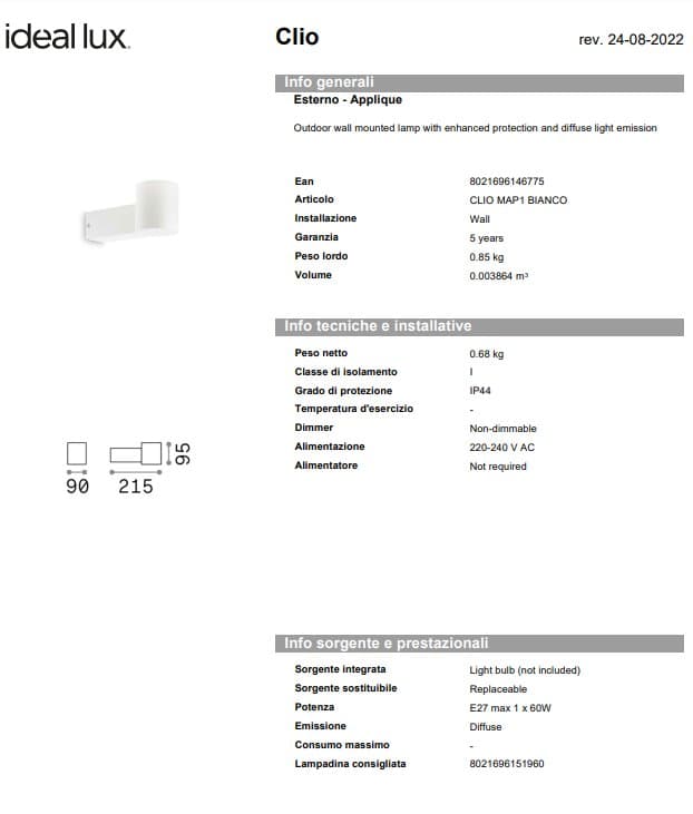 Ideal-Lux Aplica Exterior Clio Map1 pentru Decorat Spații Outdoor 5
