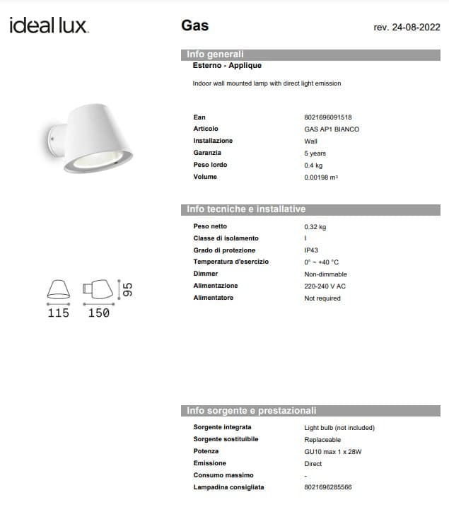 Ideal-Lux Aplica Exterior AP1 pentru Gaz 5