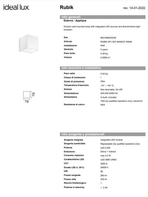 Ideal-Lux Aplica Exterior AP1 d07 3000K/4000K 3