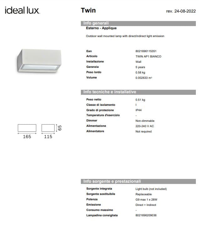 Ideal-Lux Aplica Exterior Twin AP1 pentru Iluminat Exterior 6