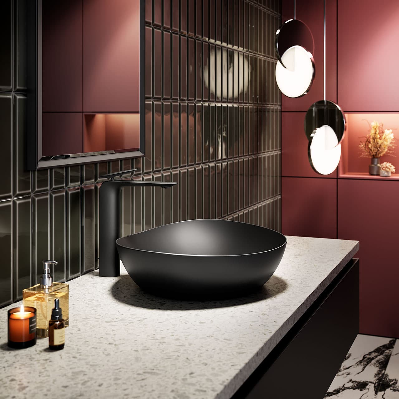 Vas TA, asimetric negru mat 465 mm, fără orificiu robinet, cu preaplin